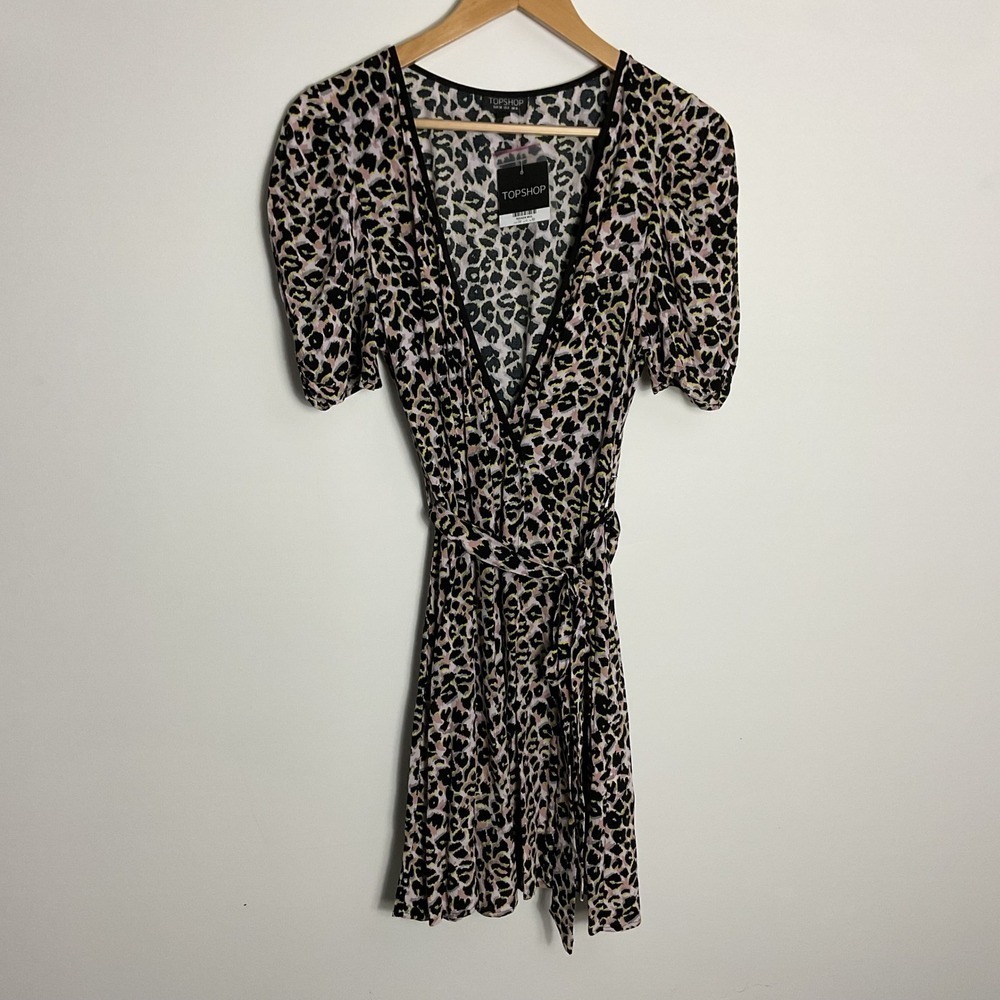 Topshop Dress US 6 UK 10 Animal Leopard Print Wrap Short‎ Sleeve Casual NWT